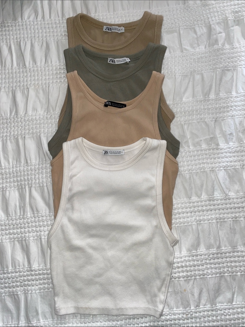 ZARA Pack of Neutral Ribbed Tank Tops - White, Beige, Olive, Taupe